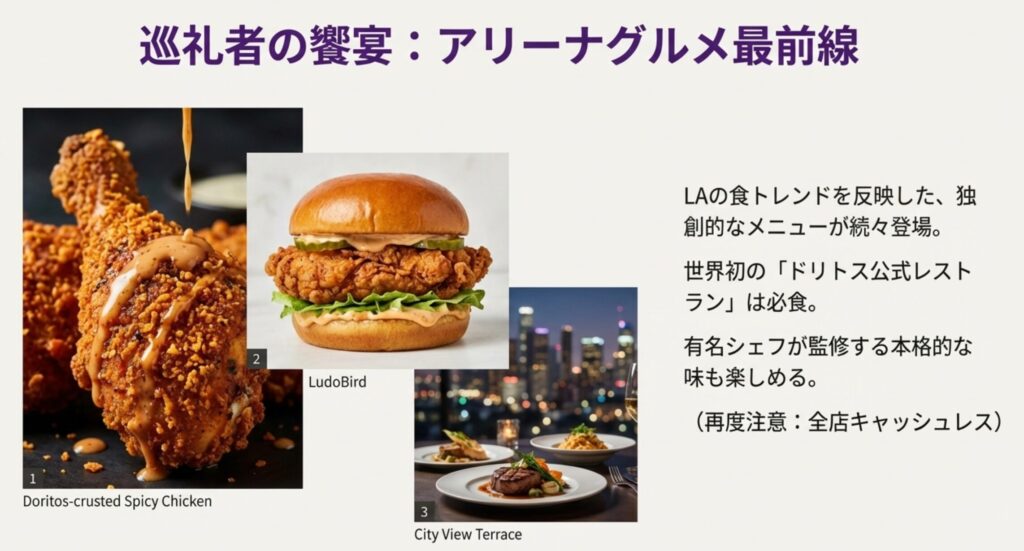 アリーナ最新グルメ：ドリトス公式レストランとLudoBird