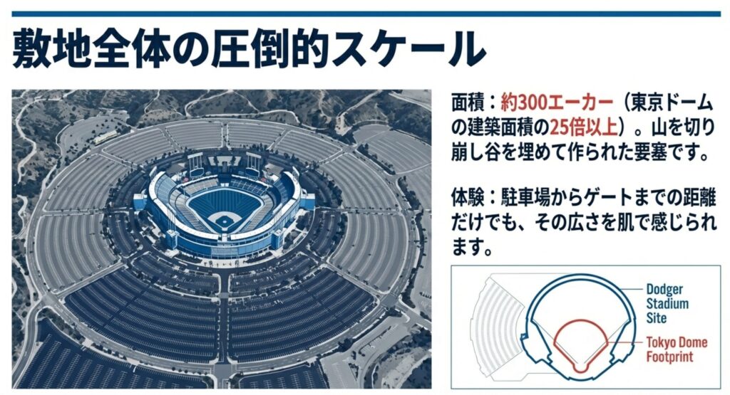 巨大な円形の駐車場に囲まれたドジャースタジアムの航空写真と、東京ドームの建築面積を重ね合わせたサイズ比較図
