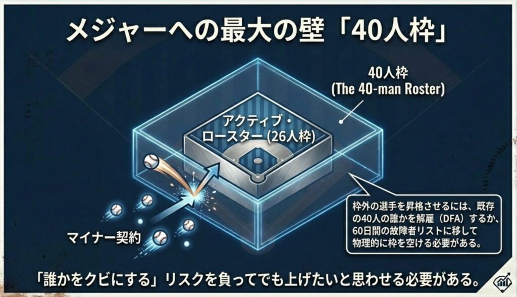 26人のアクティブ・ロースターを包含する40人枠の図。枠外の選手を上げるには既存の誰かをDFA（解雇）または長期故障者リストへ移す必要があるというリスクを解説。