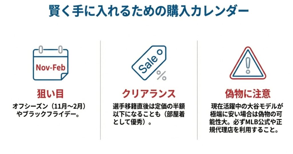 11月から2月のオフシーズンやセール時期を示したカレンダーアイコンと、偽物への注意喚起マーク。
