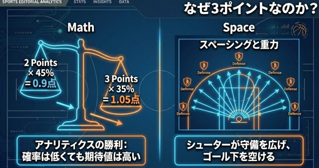 2ポイント（期待値0.9点）と3ポイント（期待値1.05点）の比較グラフと、シューターが守備を広げる「スペーシングと重力」の概念を図解したスライド 。