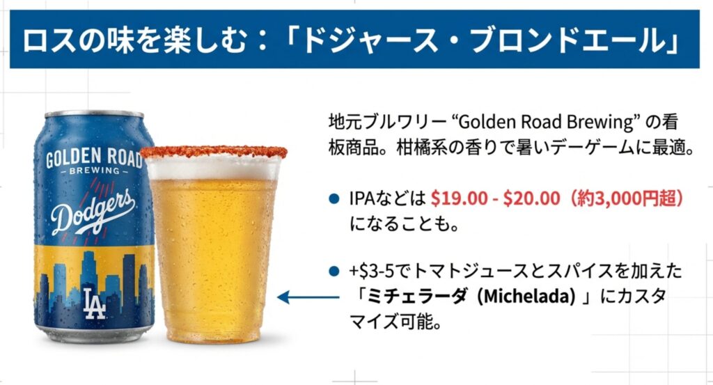 地元ブルワリーGolden Road Brewingの看板商品ドジャース・ブロンドエールと、ミチェラーダへのカスタマイズ案内 。