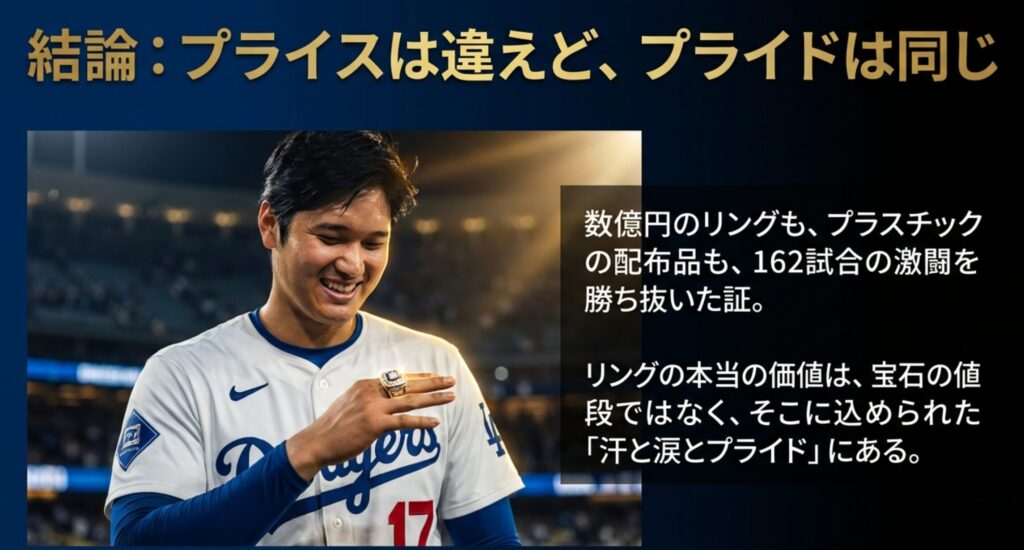数億円のリングも配布品も、162試合を勝ち抜いた証としての価値は同じであり、宝石の値段ではなく「汗と涙とプライド」が本当の価値であることを伝えるメッセージスライド。