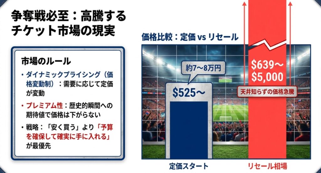 WBC2026決勝チケットの定価(約7〜8万円)とリセール相場(約9万円〜75万円)を比較したグラフ画像。ダイナミックプライシングにより価格が高騰する市場のルールについても記載されています。