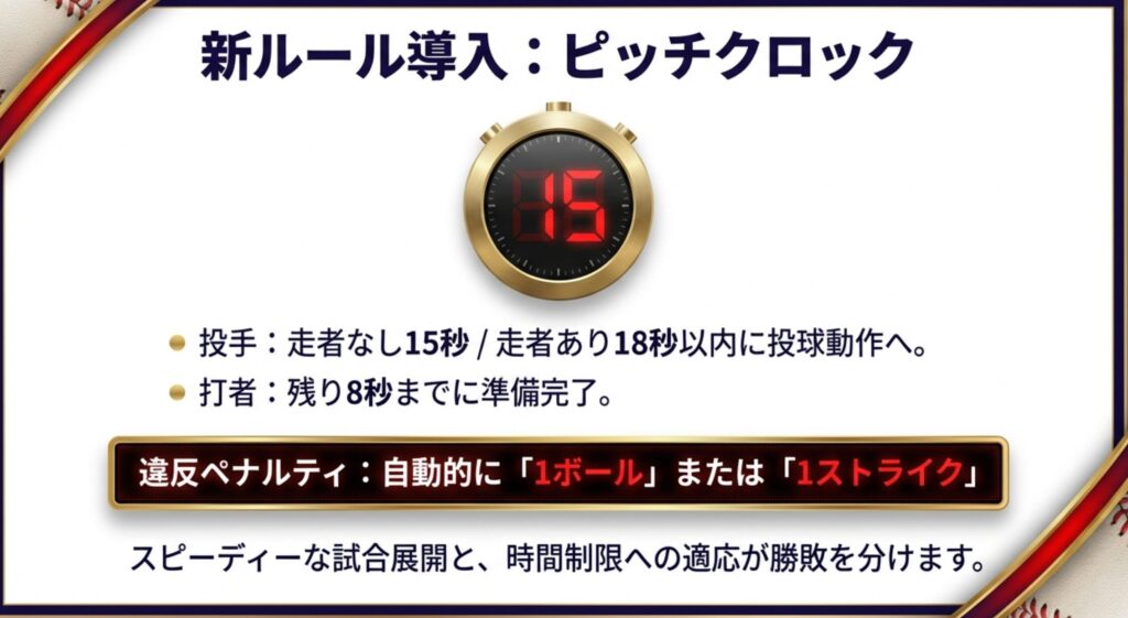 投手の投球制限(15秒/18秒)と打者の準備制限(残り8秒)のルール、違反時のペナルティをストップウォッチ画像で解説した図。