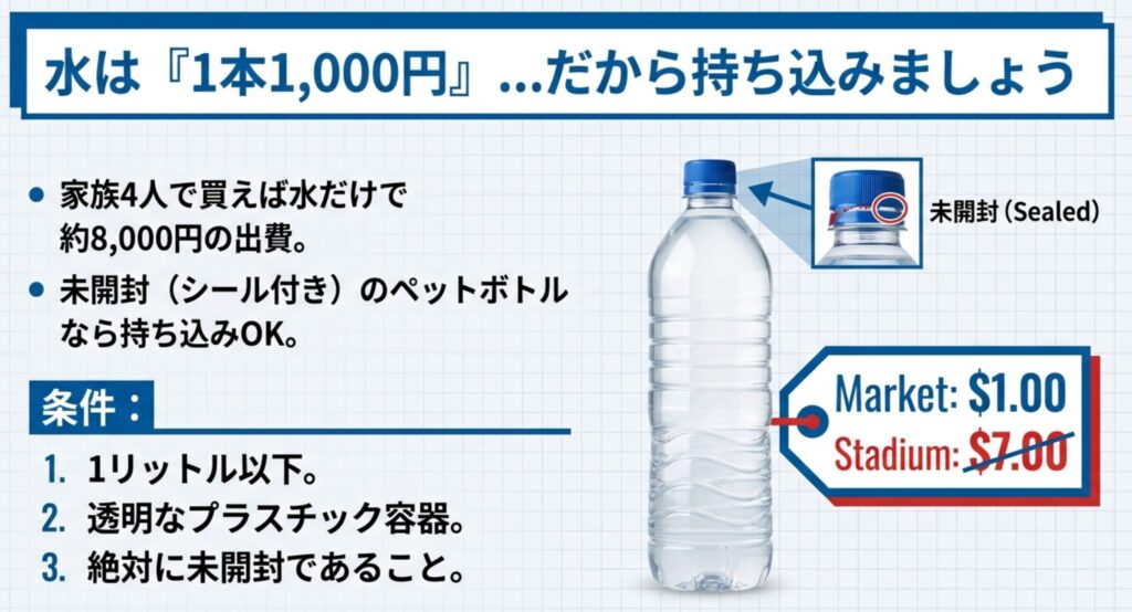 スタジアム内で買うと高い水（約7ドル）の代わりに、未開封の1リットル以下のペットボトルを持ち込む節約テクニック 。
