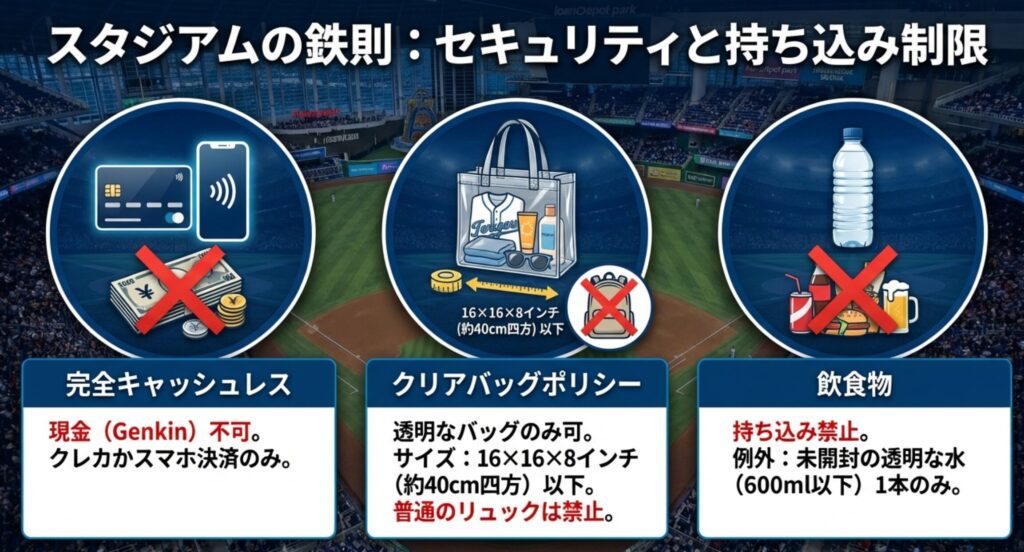 完全キャッシュレスの案内、クリアバッグポリシー(透明バッグのみ可、約40cm四方以下)、飲食物の持ち込み禁止ルールをアイコンで説明したスライド。