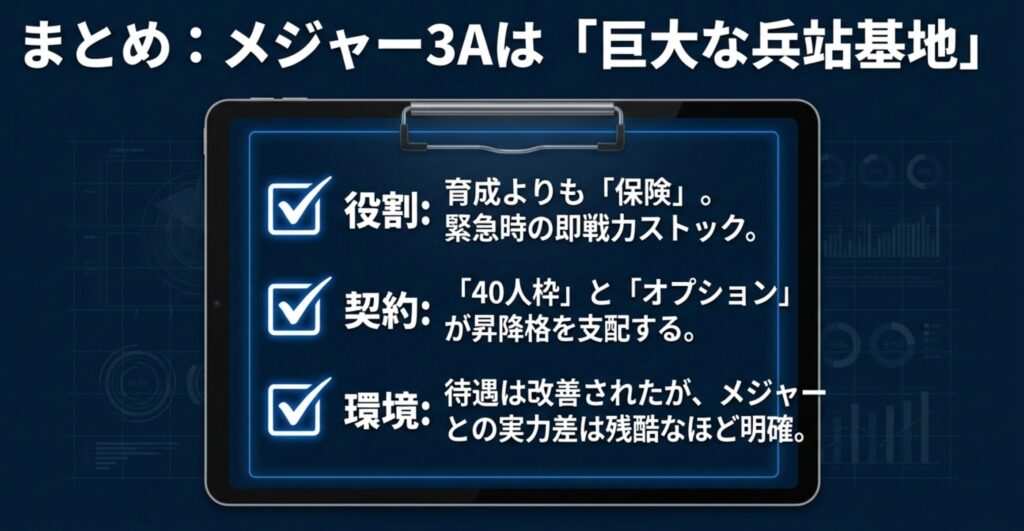 3Aの役割（即戦力ストック）、契約（40人枠とオプション）、環境（待遇改善と実力差）を簡潔にまとめたスライド。