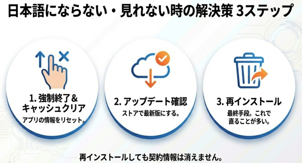 アプリが日本語にならない・見れない時の解決策(強制終了、アップデート、再インストール)の3ステップ。