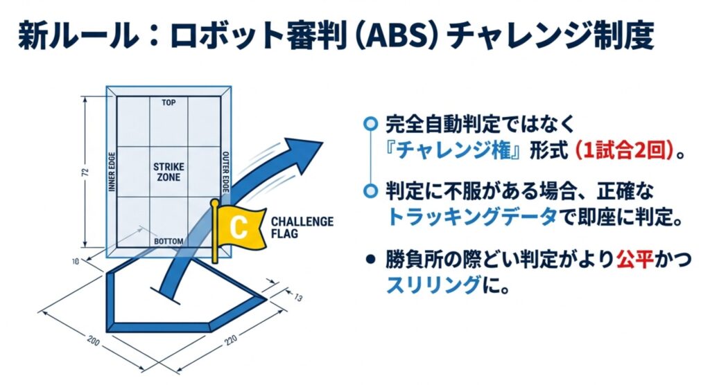 ストライクゾーンのグリッドと、判定に不服がある場合に使うチャレンジフラグのイラスト。1試合2回の権利があることの解説付き。