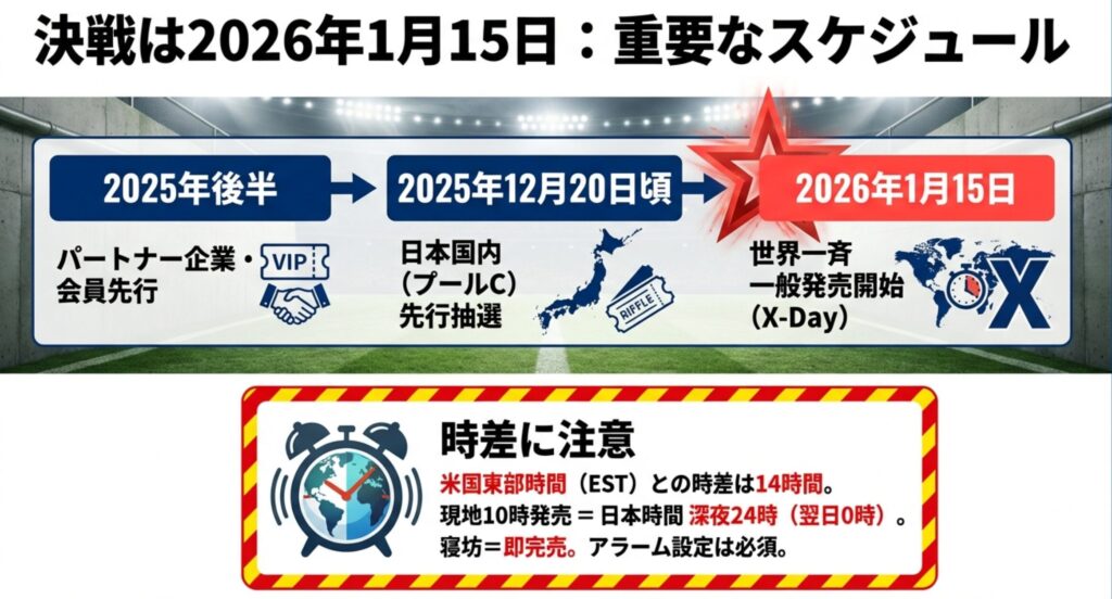 2025年後半の先行販売から2026年1月15日の一般発売(X-Day)までのスケジュール図。日本と米国東部時間の時差(14時間)に関する注意点も含まれています。