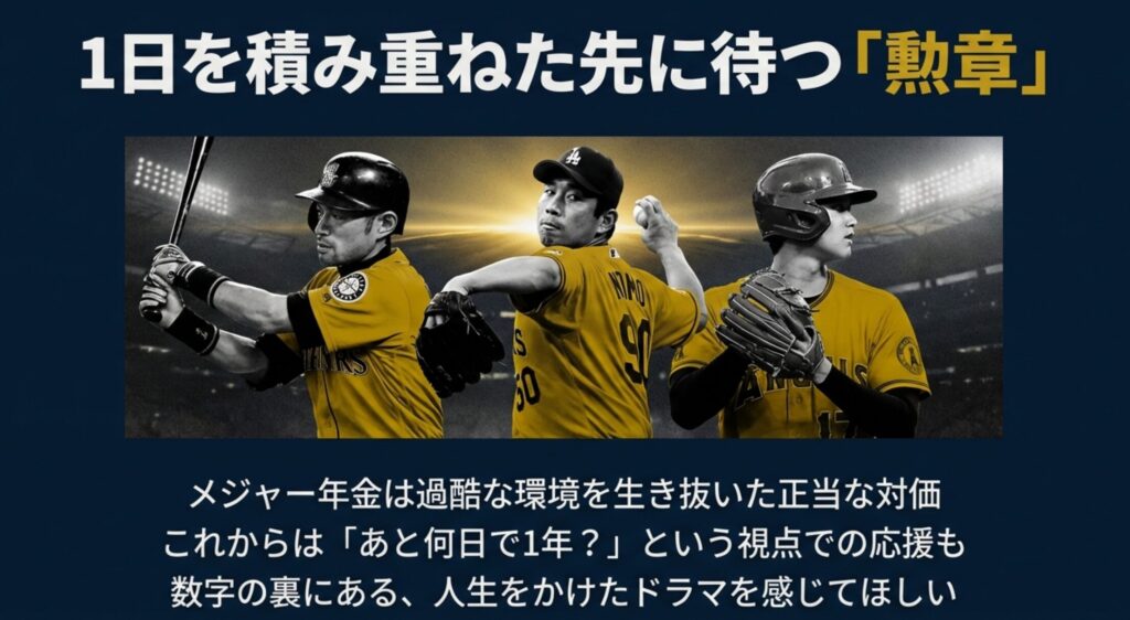 メジャー年金は過酷な環境を生き抜いた対価であり、数字の裏にある人生のドラマを感じてほしいと結ぶスライド