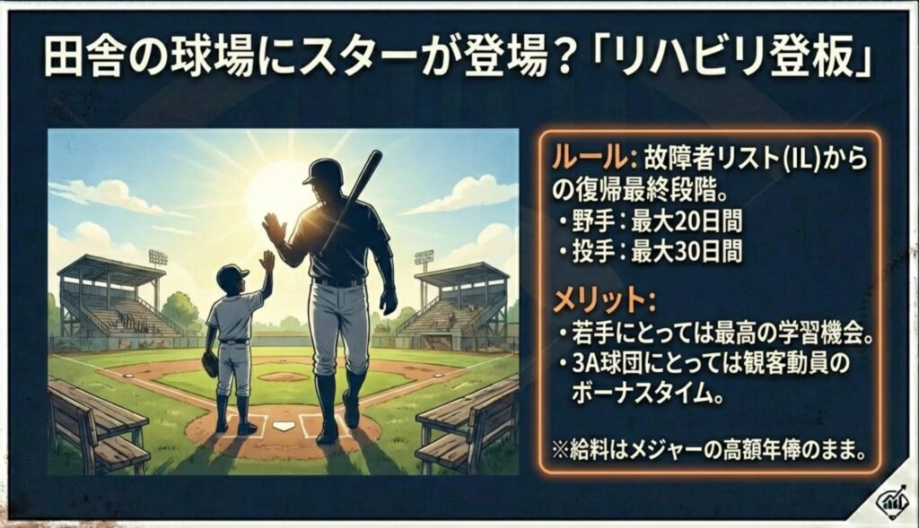 逆光の中、子供の選手とハイタッチするプロ選手のイラスト。故障者リストからの復帰段階として、メジャー年俸のまま3Aの試合に出場するルールと、若手や観客へのメリットを記載。