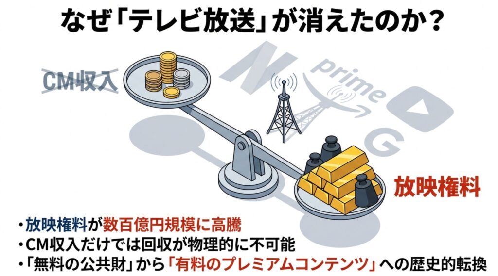 放映権料が数百億円規模に高騰し、CM収入だけでは回収不能になったこと、「無料の公共財」から「有料のプレミアムコンテンツ」へ転換したことを説明するスライド。