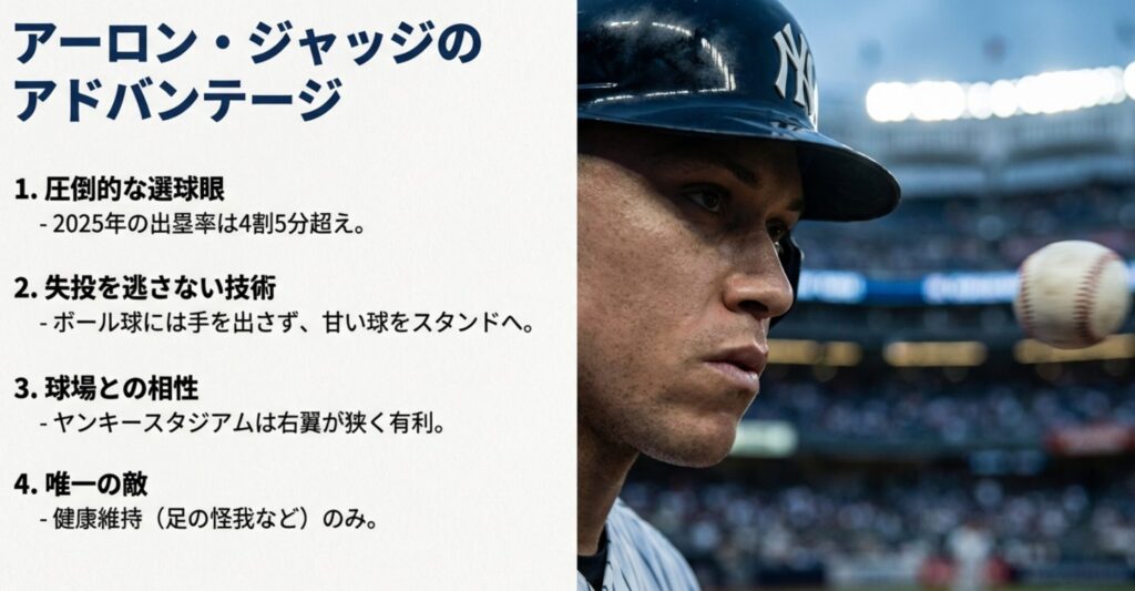 圧倒的な選球眼、失投を逃さない技術、ヤンキースタジアムとの相性、健康維持の重要性など、ジャッジ選手の強みと課題をまとめたスライド。