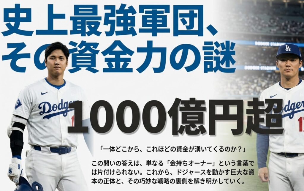 ロサンゼルス・ドジャースの大谷翔平選手と山本由伸選手の写真、および「史上最強軍団、その資金力の謎」というタイトル文字。