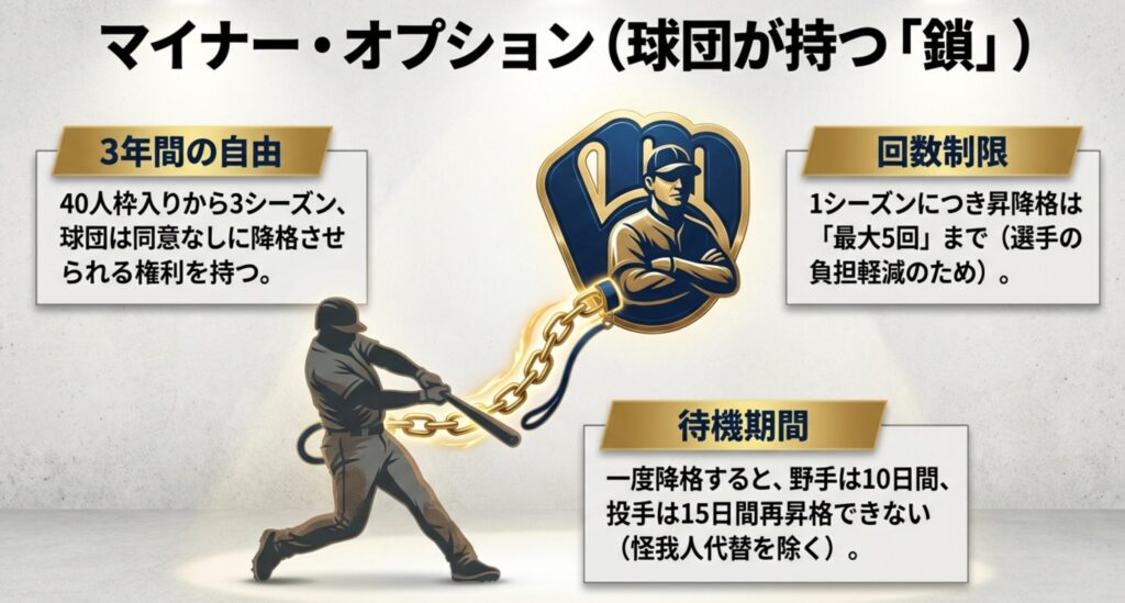 3年間のオプション権、1シーズン最大5回までの昇降格制限、降格後の再昇格待機期間について解説するスライド 。