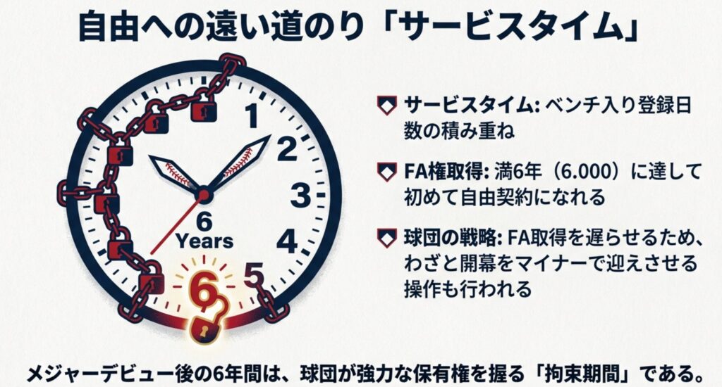 FA権取得に必要な「満6年(6.000)」という期間と、球団による保有権(拘束期間)を鎖のかかった時計で表現したイラスト。