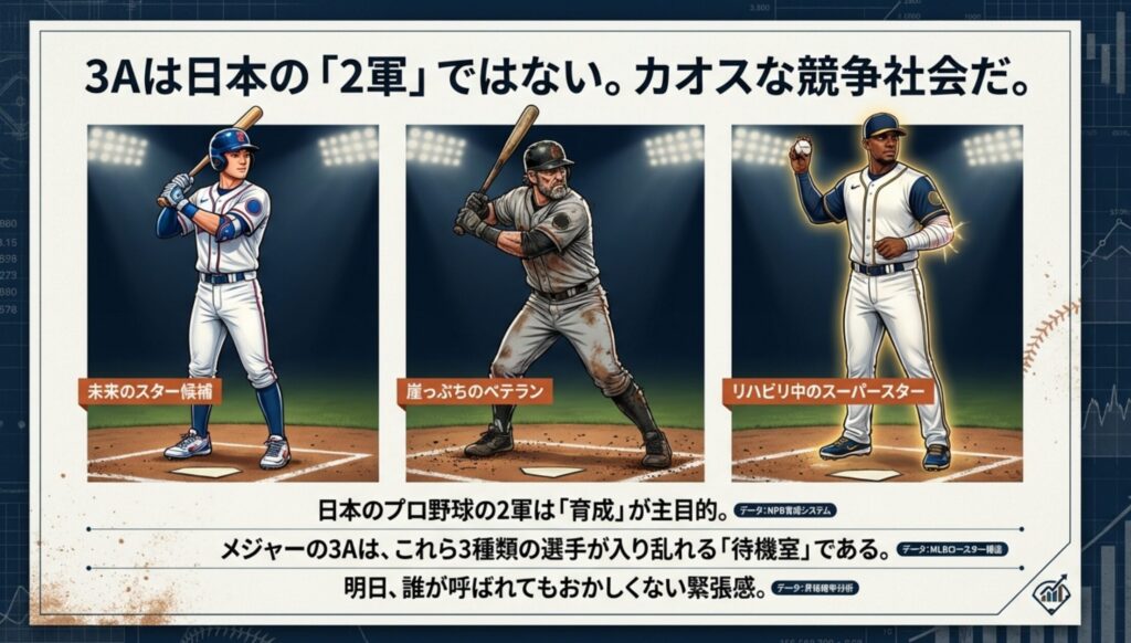 3Aに所属する「未来のスター候補」「崖っぷちのベテラン」「リハビリ中のスーパースター」の3パターンの選手イラスト。日本の2軍（育成）と異なり、実戦的な「待機室」であることを説明している。
