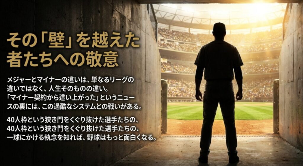 40人枠という狭き門に挑む執念が野球を面白くするというメッセージで締めくくる結びのスライド 。