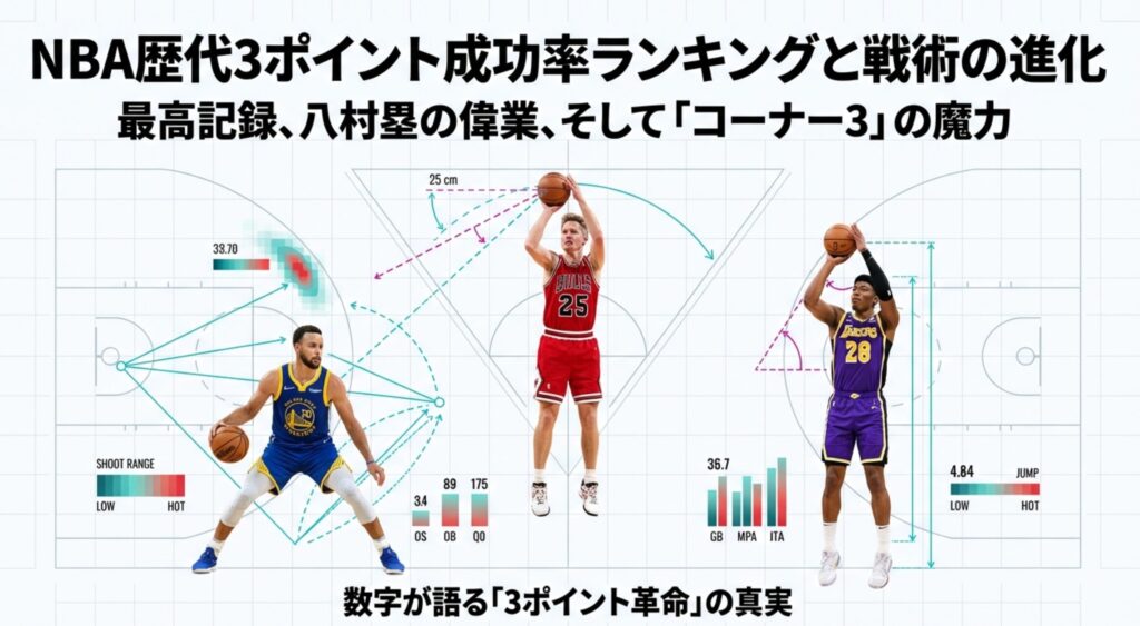 ステフィン・カリー、スティーブ・カー、八村塁の3選手が並び、それぞれのシュートレンジや身体データが可視化された比較図。