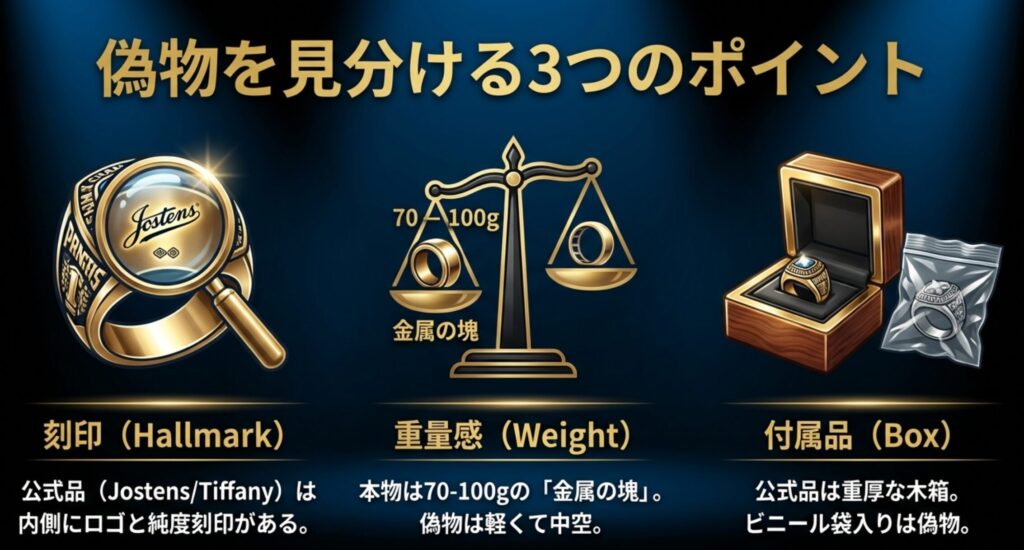 虫眼鏡でロゴ刻印を確認するイラスト。メーカー刻印の有無、70-100gの重量感、付属品が重厚な木箱かどうかという3つの見分け方を解説した図。