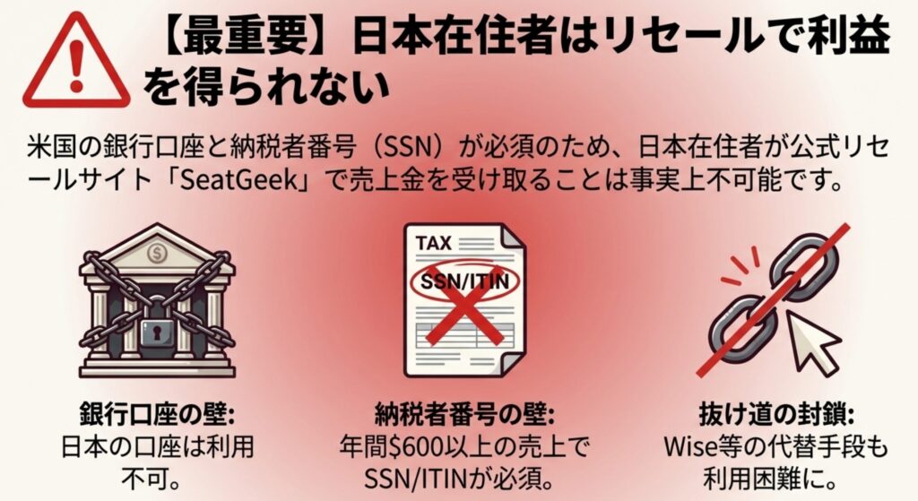 日本在住者がリセールで利益を得られない理由（銀行口座、SSN、代替手段の封鎖）を示す警告マーク付きのスライド