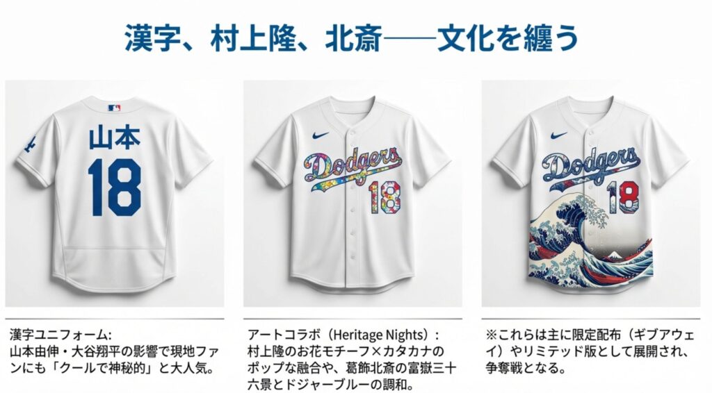 背ネームが漢字の「山本」になっているユニフォームや、葛飾北斎の富嶽三十六景をモチーフにした特別ユニフォームの画像。