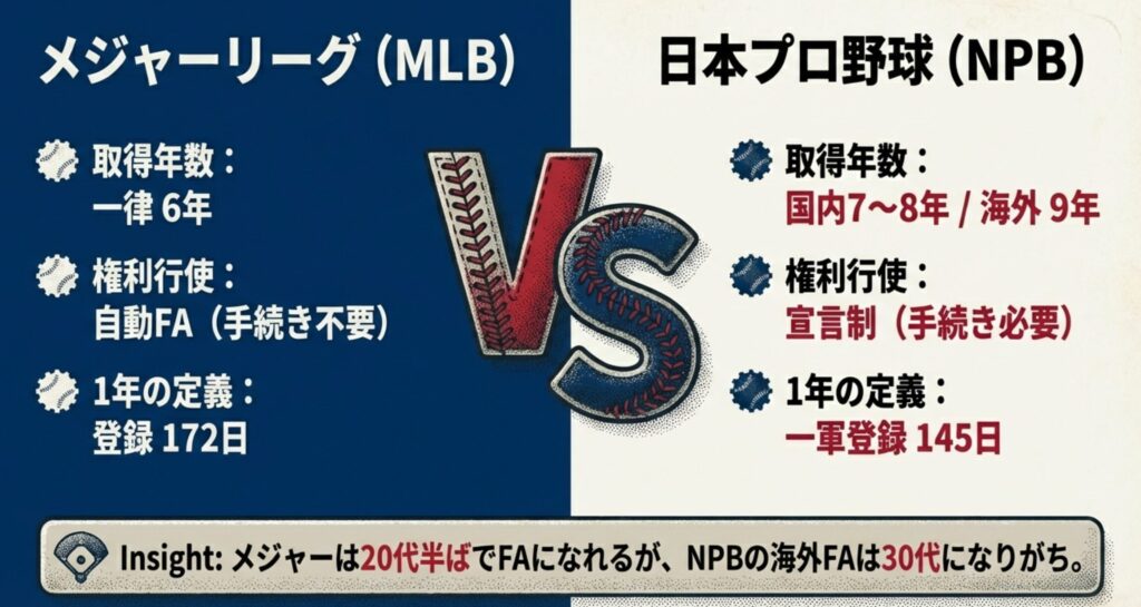 メジャー(6年・自動FA・172日)と日本(海外9年・宣言制・145日)の違いをまとめた比較図。
