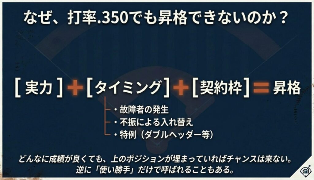 実力、タイミング、契約枠の3つの要素が重なった時に昇格が決まることを示す図。故障者の発生や不振による入れ替えなどの具体例がリストアップされている。