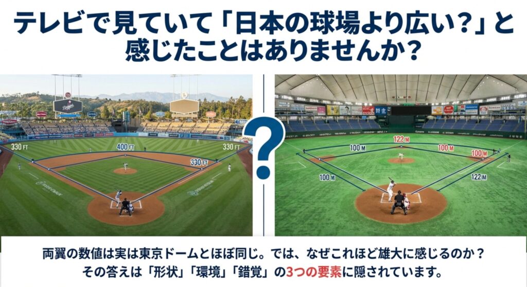 ドジャースタジアムと東京ドームのフィールド写真を左右に並べ、日本の球場より広く感じる理由を問いかける比較図