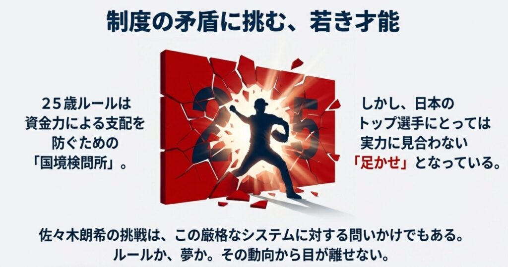「25」という赤い壁を突き破って力強くボールを投げる投手のシルエット。「25歳ルールは国境検問所だが、日本のトップ選手には足かせとなっている」という問いかけを象徴する画像 。