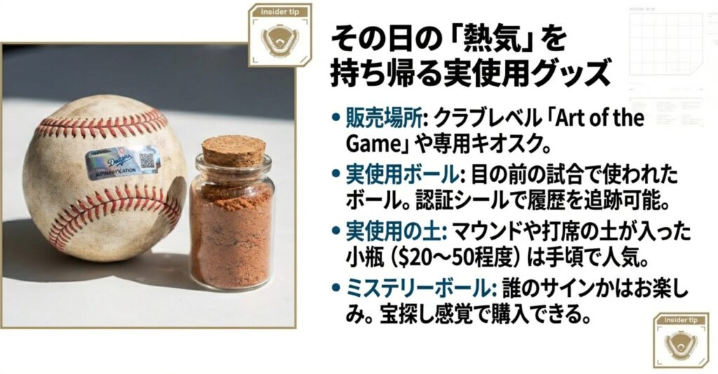 MLB認証シールが貼られた実使用ボールと、瓶詰めされたグラウンドの土の画像