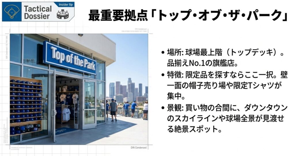 ドジャースタジアム最上階にあるメインストア「Top of the Park」の店舗外観と青空