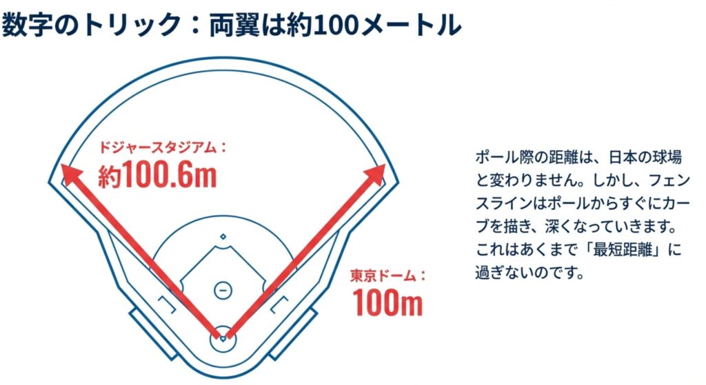 ドジャースタジアム（約100.6m）と東京ドーム（100m）の両翼距離は数値上ほぼ同じだが、フェンスラインがすぐに深くなることを示した図解