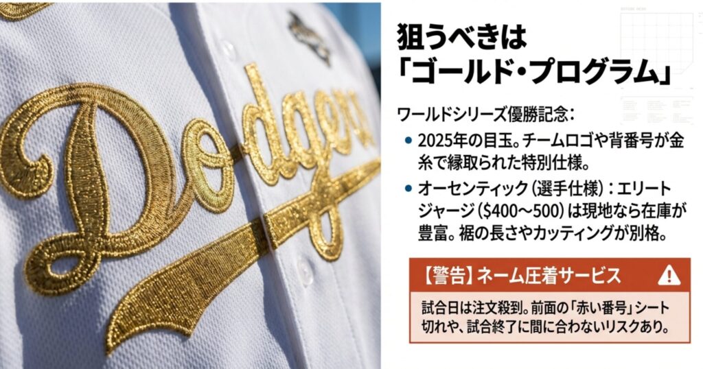 金糸で縁取られたドジャースのロゴ刺繍アップと、ユニフォーム購入時の注意点が記載されたスライド