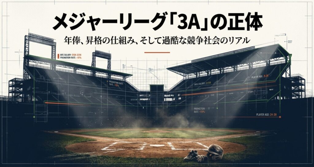 3Aのスタジアムを背景に、平均年俸や昇格率、対象年齢層（24-28歳）などの基本データをインフォグラフィックスで示したスライド。
