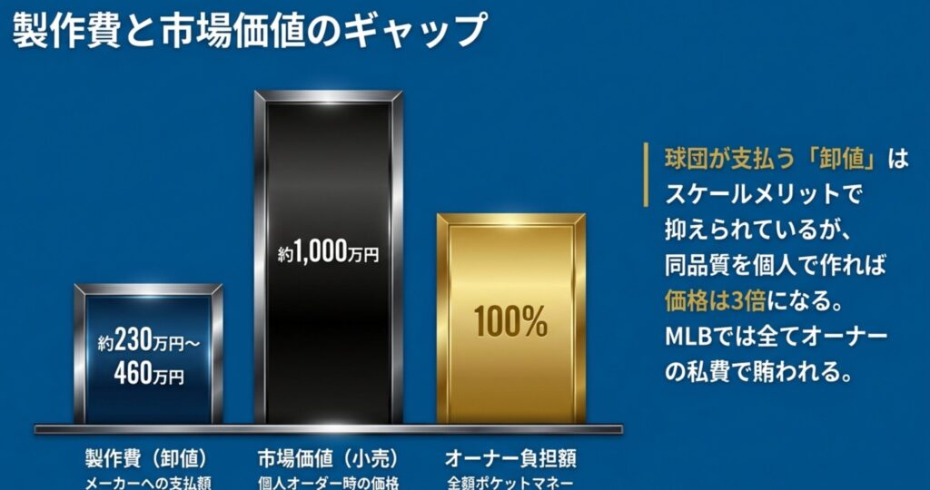 MLBチャンピオンリングの球団による製作費(卸値)が約230万円〜460万円であるのに対し、個人で同品質をオーダーした場合の市場価値は約1,000万円に達することを示す比較図。