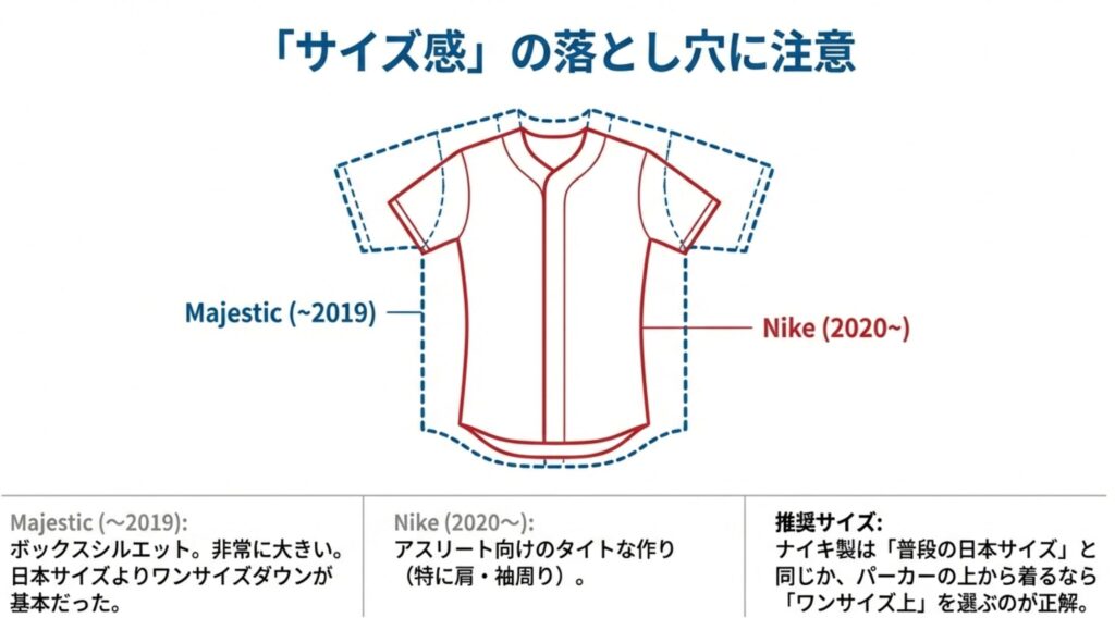 ゆったりとしたマジェスティック製（～2019）とタイトなナイキ製（2020～）のユニフォームの形を重ね合わせ、サイズ感の違いを可視化した図。