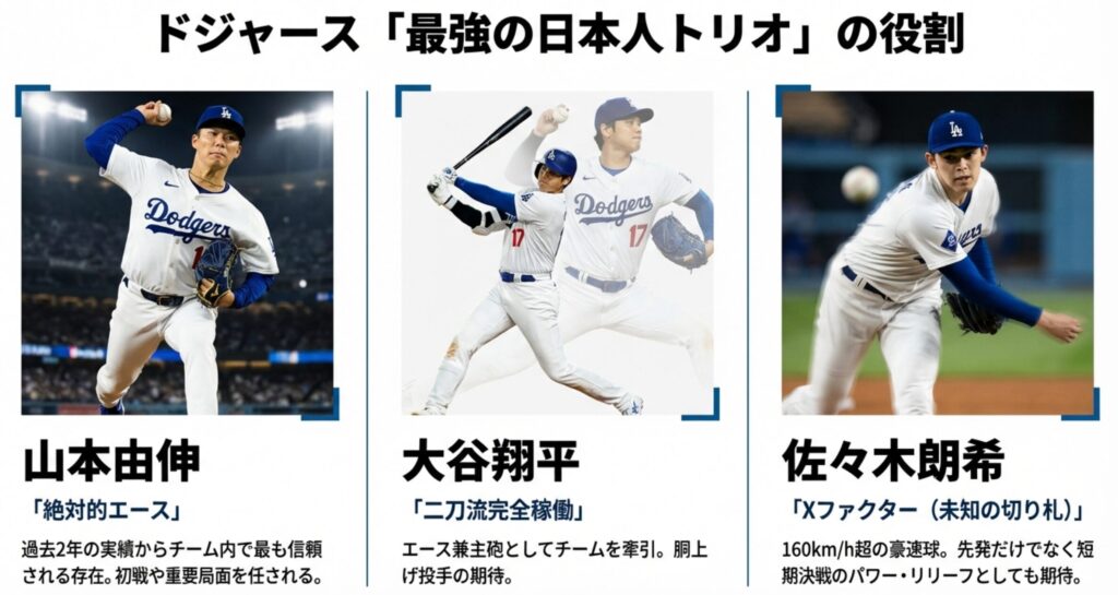 山本由伸（絶対的エース）、大谷翔平（二刀流完全稼働）、佐々木朗希（Xファクター）の3名の写真とそれぞれの役割をまとめたスライド。