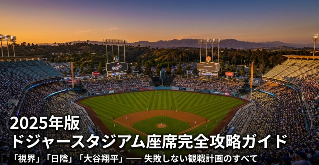 ドジャースの帽子を被ったKEN氏の顔写真と、スタジアムの座席表、そして「視界」「日陰」「大谷翔平」失敗しない観戦計画のすべてというタイトルが書かれたスライド。