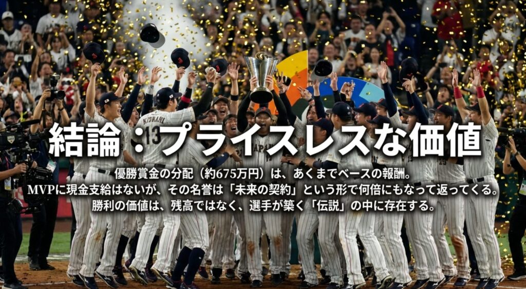 現金報酬は約675万円だが、真の価値は選手が築く「伝説」や「未来の契約」の中に存在するという結論をまとめたスライド。