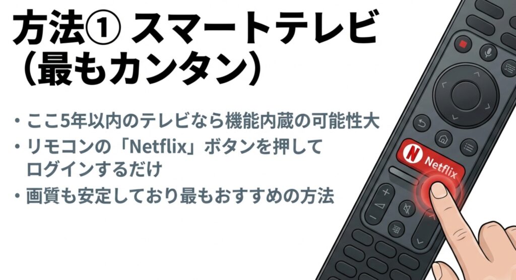 5年以内のテレビなら機能内蔵の可能性が高く、リモコンの「Netflix」ボタンを押してログインするだけで最もおすすめな方法であることを説明するスライド。
