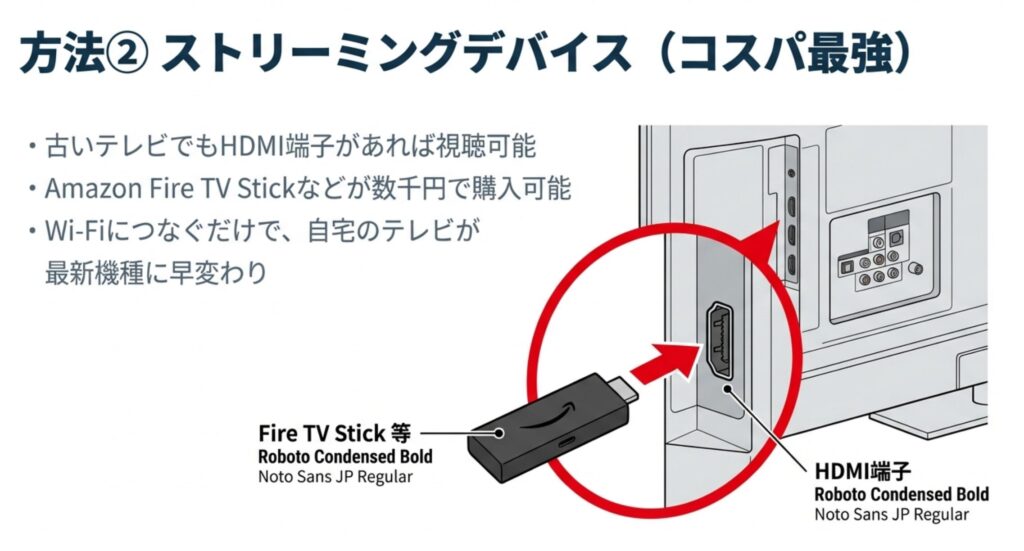 古いテレビでもHDMI端子があれば、Amazon Fire TV StickなどをWi-Fiにつなぐだけで最新機種のように視聴可能になることを説明するスライド。