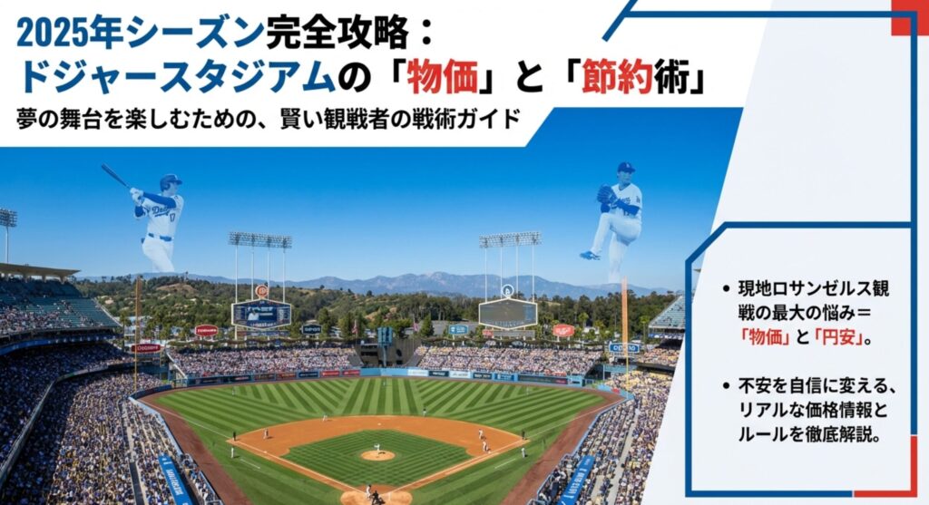 2025年シーズンのドジャースタジアム攻略ガイド。大谷翔平選手と山本由伸選手の活躍をイメージした表紙とスタジアム全景 。