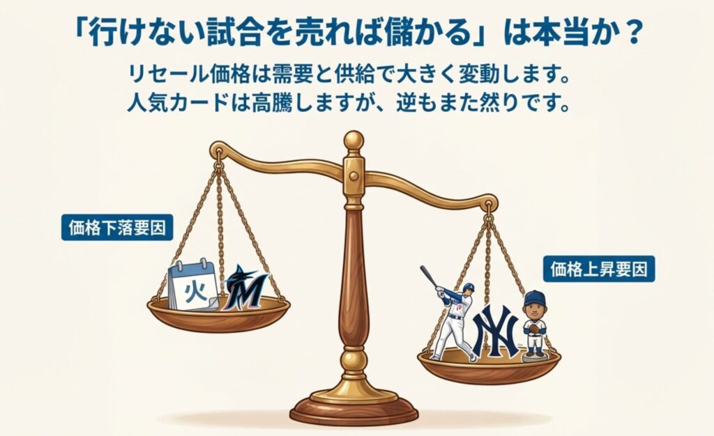リセール価格の変動を示す天秤のイラスト。価格上昇要因（ヤンキース戦、大谷出場）と下落要因（平日昼間、マイナーチーム戦）の比較