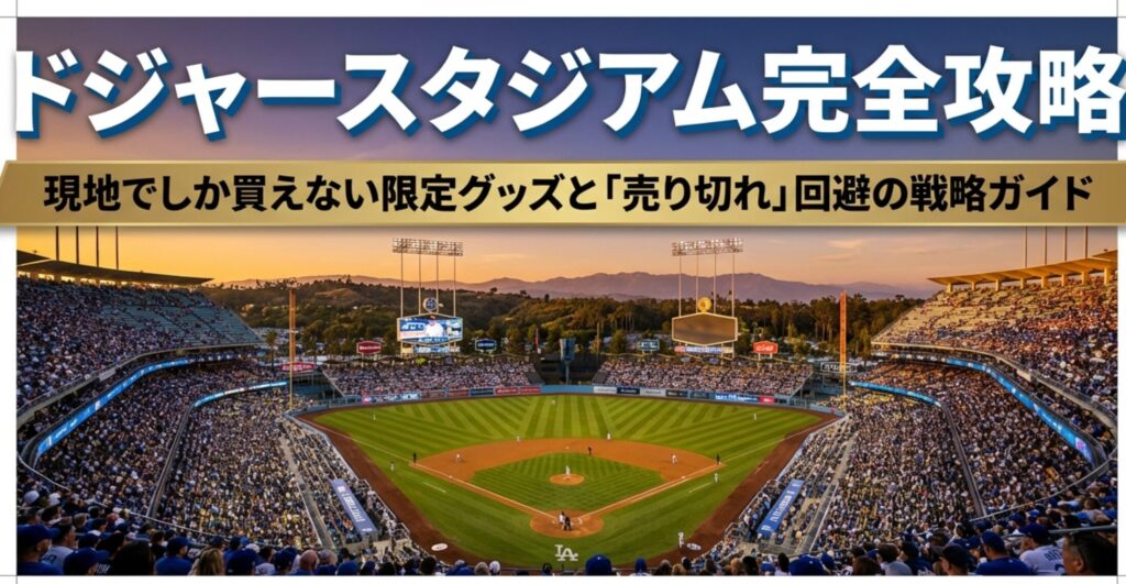 夕暮れ時のドジャースタジアム全景と「ドジャースタジアム完全攻略」というタイトルのスライド表紙