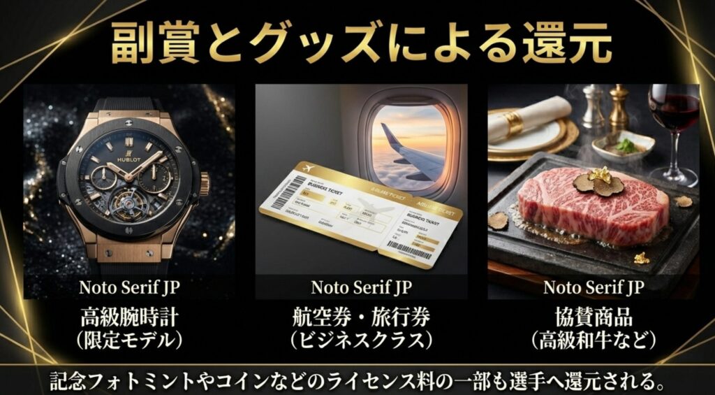 高級腕時計やビジネスクラスの航空券、高級和牛などの副賞、および記念グッズのライセンス料還元についてまとめた図。