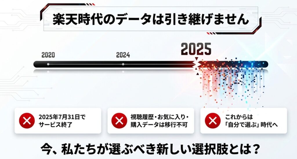 2025年7月31日の楽天サービス終了告知と、視聴履歴や購入データが引き継げないことへの注意喚起。
