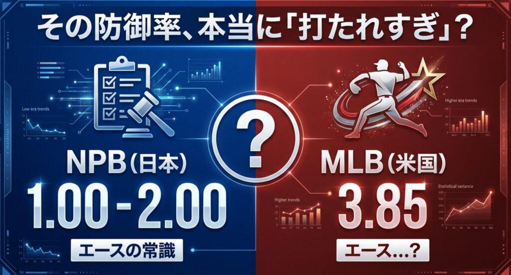 日本のエースの常識である防御率1点台から2点台に対し、メジャーでは3.85でもエースと呼ばれる背景を問いかけるイラスト。